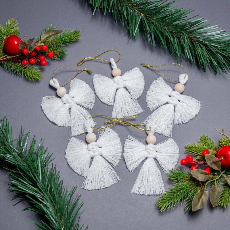 Aniołki 5 szt - zestaw ozdób świątecznych na choinkę z makramy