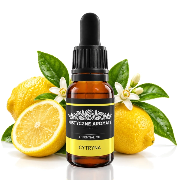 Cytryna - naturalny olejek cytrynowy - produkt na dopasowanym tle