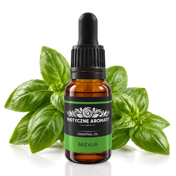 Bazylia - naturalny olejek bazylia Ocimum basilicum - produkt na dopasowanym tle
