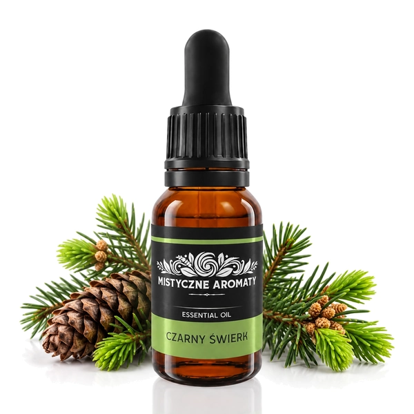 Czarny świerk - naturalny olejek czarnego świerku Picea Mariana - produkt na dopasowanym tle