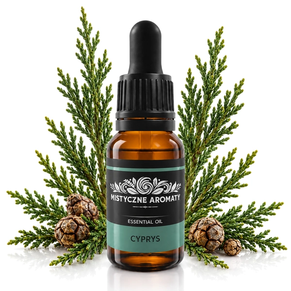 Cyprys - naturalny olejek cyprysowy Cupressus sempervirens - produkt na dopasowanym tle
