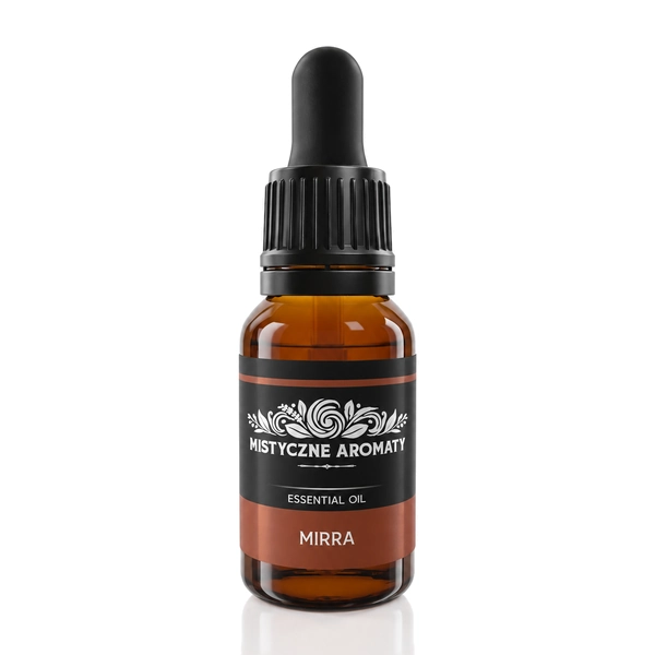 Mirra - naturalny olejek mirry mirrowy Commiphora myrrha - opakowanie produktu na jasnym tle