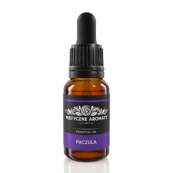 Paczula - naturalny olejek paczulowy paczuli Pogostemon cablin - opakowanie produktu na jasnym tle