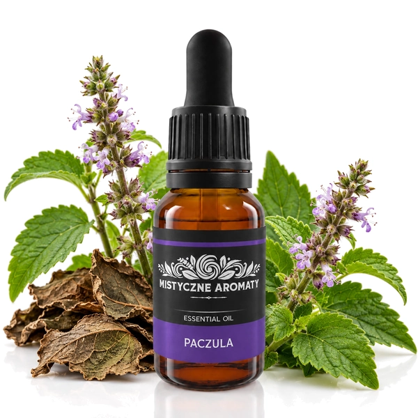 Paczula - naturalny olejek paczulowy paczuli Pogostemon cablin - produkt na dopasowanym tle