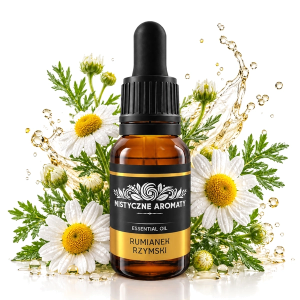 Rumianek Rzymski Roman Chamomile - naturalny olejek rumianku rzymskiego Anthemis nobils - produkt na dopasowanym tle