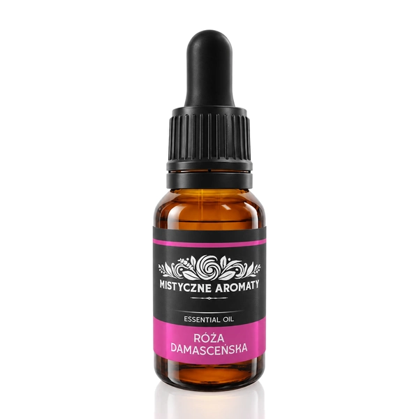 Róża Damasceńska - naturalny absolut z kwiatów róży damasceńskiej Rosa damascena - opakowanie produktu na jasnym tle
