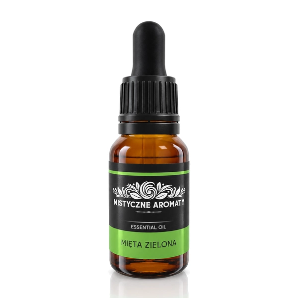 Mięta Zielona - naturalny olejek z mięty zielonej (kędzierzawa) Mentha spicata - opakowanie produktu na jasnym tle