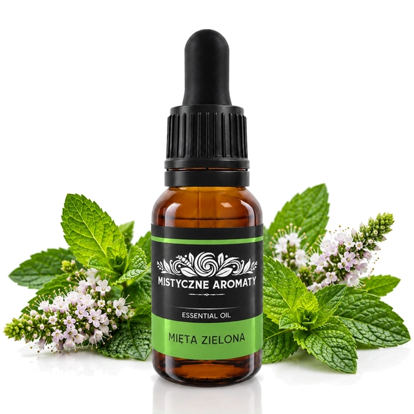 Mięta Zielona - naturalny olejek z mięty zielonej (kędzierzawa) Mentha spicata - produkt na dopasowanym tle