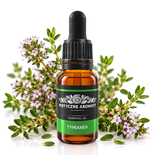 Tymianek - naturalny olejek tymianku tymiankowy Thymus vulgaris - produkt na dopasowanym tle