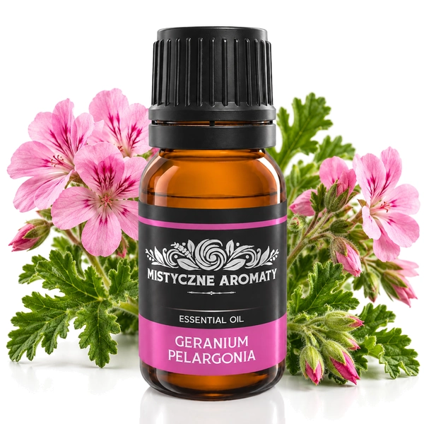 Olejek Pelargonii - naturalny olejek geranium Pelargonium graveolens - produkt na dopasowanym tle