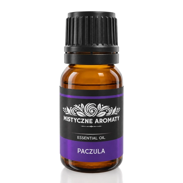 Paczula - naturalny olejek paczulowy paczuli Pogostemon cablin - opakowanie produktu na jasnym tle