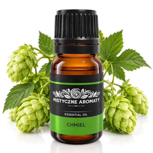 Chmiel - naturalny olejek eteryczny chmielowy Humulus lupulus - produkt na dopasowanym tle