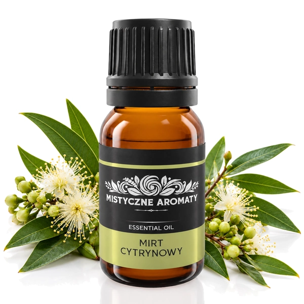 Mirt cytrynowy - naturalny olejek mirtowy z mirtu cytrynowego Backhousia citriodora - produkt na dopasowanym tle