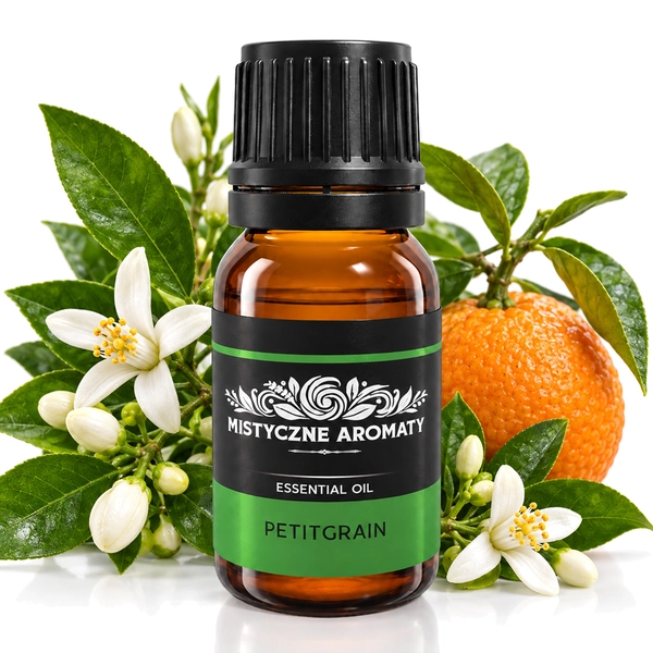 Petitgrain - naturalny olejek z liści gorzkiej pomarańczy Citrus Aurantium Amara - produkt na dopasowanym tle