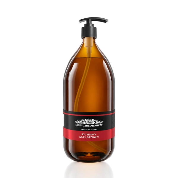 Olej Rycynowy - olejek rycynowy nierafinowany tłoczony na zimno bazowy nośnikowy 1l (1000ml) z pompką - opakowanie produktu na jasnym tle